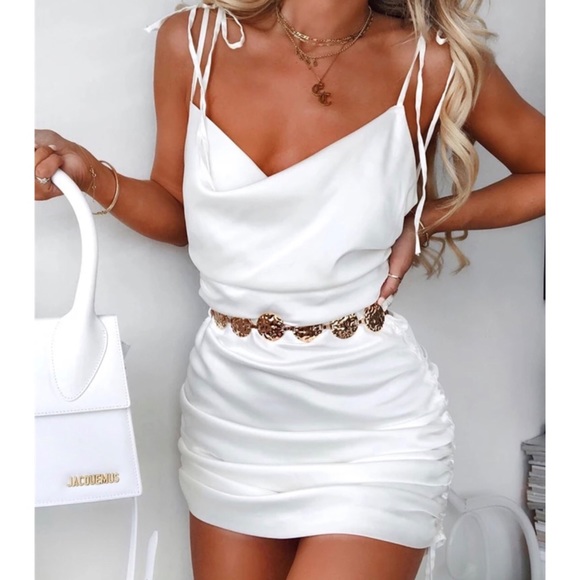 White satin ruched side drawstring mini dress - Picture 4 of 5